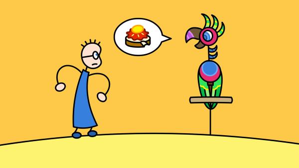 Bild 1 von 2: TOM trifft Papas Papagei und fragt ihn nach einem Erdbeermarmeladebrot mit Honig.