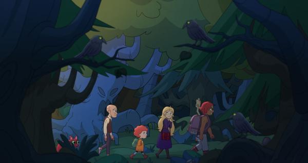 Bild 1 von 3: Albert, Ormhildur, Gudrun und Brunhid laufen durch den düsteren Wald des Rabenkönigs