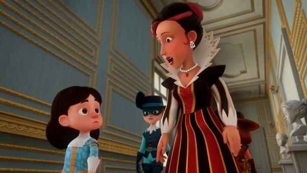 Bild 1 von 2: Lady Lala (2.v.r.) erkennt, dass mit der Drehleier des Königs (l.) etwas nicht stimmt. Es ist keine Stradovari, wie angenommen. Arthos (2.v.l.) und d'Artagnan (r.) beobachten das Geschehen.