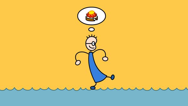 Bild 1 von 2: Mone und Mona zeigen TOM ein Brot, das auf der anderen Seite des Sees liegt. TOM übt, über das Wasser zu gehen.