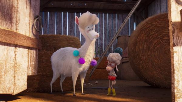 Bild 1 von 1: Billy und Crystal verstecken sich in der Scheune, damit Crystal nicht geschoren wird.© KiKA/2022 Sixteen South/Mikros Animation IP/Tencent - Honorarfreie Verwendung gemäß AGB im engen inhaltlichen redaktionellen Zusammenhang mit genannter Sendung bei Nennung \