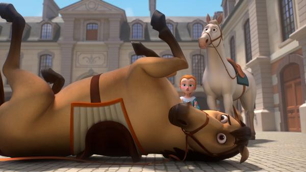 Bild 1 von 3: D'Artagnans Pferd Planchet (l.) benimmt sich manchmal nicht so königlich. Das merken auch Olivia (M.) und ihr Pferd Grimaud (r.).