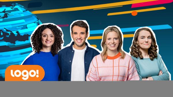 Bild 1 von 2: Die logo!-Moderator:innen (v.l.n.r.): Maral Bazargani, Sherif Rizkallah, Linda Fuhrich und Lotte Glatt