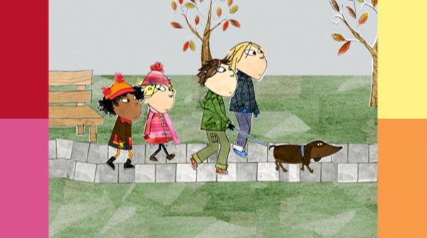 Bild 1 von 4: Charlie und Lola führen gemeinsam mit ihren Freunden einen süßen Dackel aus, doch leider geht der seine eigenen Wege.