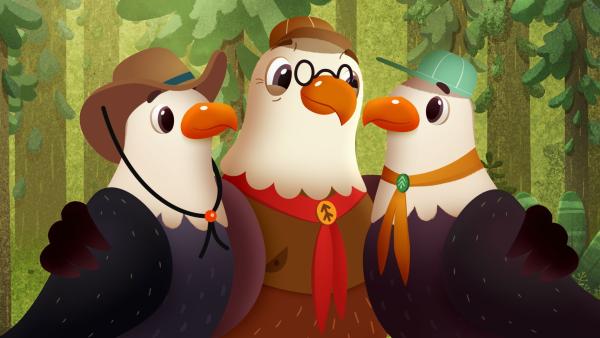 Bild 1 von 1: Inspektorin Federkleid nimmt die Campleiterin und deren Schwester Myrte in den Arm, um Frieden zwischen den beiden zu stiften.