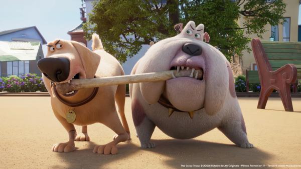 Bild 1 von 1: Verbissen kämpfen Bertha und Sam um einen großen Knochen.© KiKA/2022 Sixteen South/Mikros Animation IP/Tencent - Honorarfreie Verwendung gemäß AGB im engen inhaltlichen redaktionellen Zusammenhang mit genannter Sendung bei Nennung \