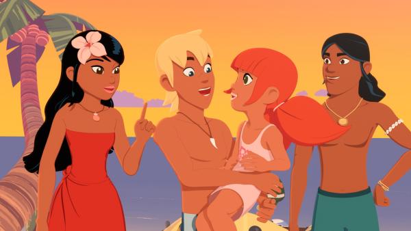 Bild 1 von 5: Timeti, Yann und Auru sind froh, Marina wieder gefunden zu haben. Auch Marina ist glücklich, denn das Leben allein auf der Insel war nicht so einfach, wie sie es sich vorgestellt hatte.