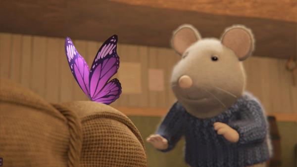 Bild 1 von 2: Ein Schmetterling hat sich ins Mäusehaus verirrt. Sam möchte ihm helfen wieder herauszufinden.