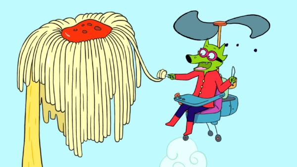 Bild 1 von 3: Professor Wolf will schnell alle Spaghetti des Spaghetti-Baumes verspeisen, bevor die Superhelden und Superheldinnen ihn daran hindern.