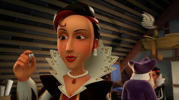 Bild 1 von 3: Lady Lala (l.) hat einen geheimen Auftrag: Sie soll eine Erfindung von Samuel de Plaindert (r.) stehlen, die aus Weintrauben Perlen werden lässt.