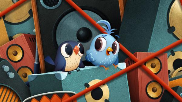 Bild 1 von 1: Martin und Doodle überlegen zusammen, wie man den Strom für die vielen Lautsprecher der Band erzeugen kann.© KiKA/Sixteen South & Letko - Honorarfreie Verwendung gemäß AGB im redaktionellen Zusammenhang mit genannter Sendung bei Nennung \