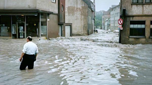 Bild 1 von 5: Giersmauer Ecke Giersstraße. Ein Anwohner checkt die Lage (Foto nachcoloriert mit KI)