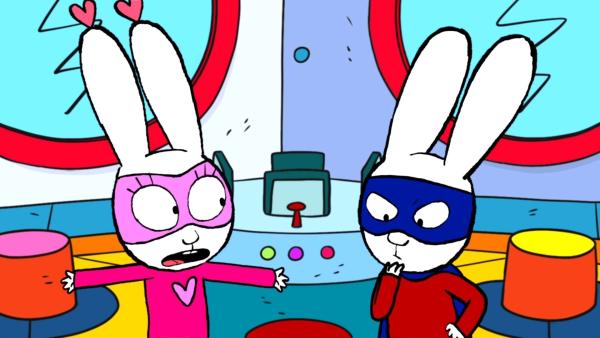 Bild 1 von 3: Super-Lou (l.) und Superhase (r.) wollen herausfinden, wer für den enormen Wind verantwortlich ist, der ihr Hauptquartier beinahe zum Einsturz bringt.