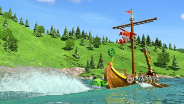 Bild 1 von 5: Jett und Mira bewahren das Winkingerboot vor dem Sturz über den Wasserfall.