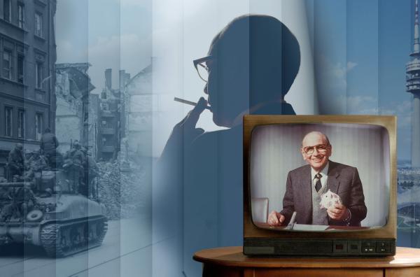 Bild 1 von 4: Keyvisual - Bildcollage: Im Vordergrund: Robert Lembke als Moderator der Quizshow \