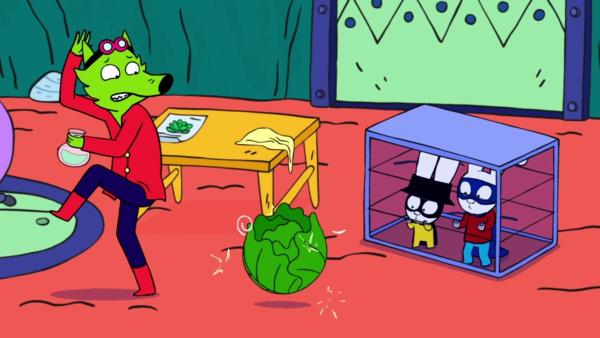 Bild 1 von 3: Professor Wolf (l.) hat ein Serum entwickelt, dass Salat super schnell wachsen lässt. Da staunen auch seine Gefangenen Captain Hase (M.) und Superhase (r.).