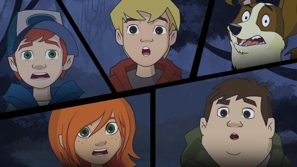 Bild 1 von 3: Die 4 1/2 Freunde gruseln sich im dunklen Wald.