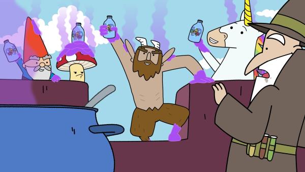 Bild 1 von 2: Der Zauberer Stinkweazle (rechts) hat sich eine neue Geheimwaffe ausgedacht. Sein Stinkestank riecht übel und haftet an allem und jedem, mit dem er in Berührung kommt. Doch die Helden Herbert, Tupfen, Hufius und Blümchen (v.l.n.r.) haben bereits ein Gegenmittel parat.© ZDF/Tiger Aspect Kids & Family Limited, Movimenti Production, Zodiak Kids & Family France and Monello Productions 2025 - Honorarfreie Verwendung gemäß AGB im redaktionellen Zusammenhang mit genannter Sendung bei Nennung \