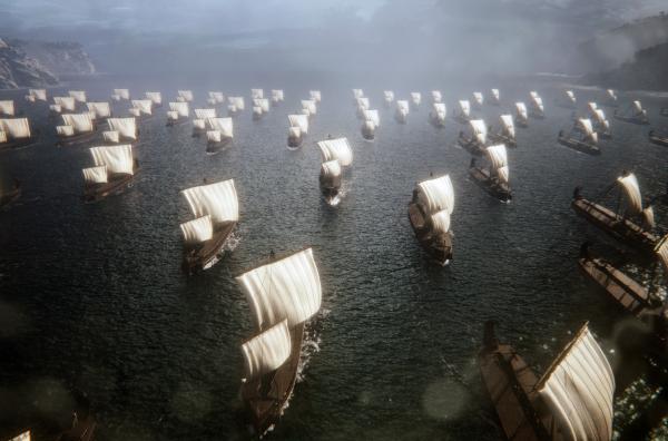 Bild 1 von 3: Athenische ?Triere?, unüberbietbar schnelle und wendige Kriegsschiffe: König Krösus ließ offenbar erstmals Gold- und Silbermünzen zum Bau dieser Schiffe prägen. (3D-Animation)