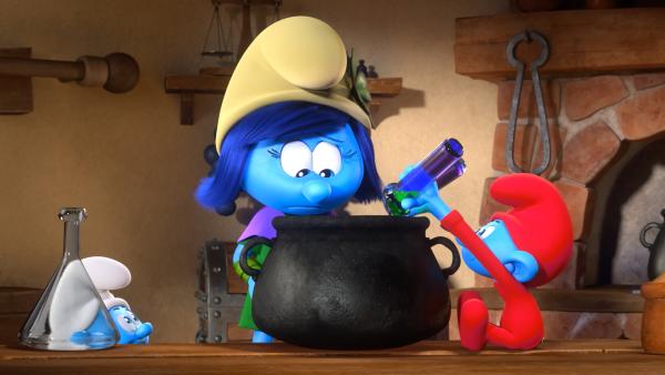 Bild 1 von 5: Papa Schlumpf und Sturm versuchen, einen Gegenzauber zu brauen.
© KiKA/Peyo Productions, Dupuis Édition & Audiovisuell 2020 - Honorarfreie Verwendung gemäß AGB im redaktionellen Zusammenhang mit genannter Sendung bei Nennung \