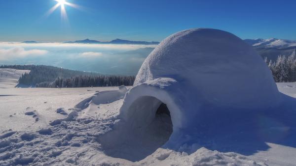 Bild 1 von 5: Das Iglu ist eine Erfindung der Eskimos, das ihnen ermöglicht, im harschen Klima der Arktis zu überleben. Die Schlafstelle liegt auf halber Höhe und nutzt so die aufsteigende Wärme eines Feuers.