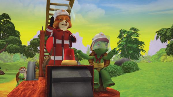 Bild 1 von 8: Franklin führt die Feuerwehr zum Einsatzort.© KiKA/Nelvana Limited/Infinite Frameworks Pte Ltd. - Honorarfreie Verwendung gemäß AGB im redaktionellen Zusammenhang mit genannter Sendung bei Nennung \