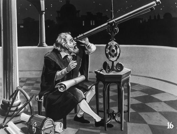 Bild 1 von 5: Mit seinem Fernrohr sieht Galileo Galilei vier helle Objekte, die den Jupiter umkreisen. Damit stellt Galileo alles in Frage: Warum umkreisen sie nicht die Erde? Ist sie nicht das Zentrum des Universums?