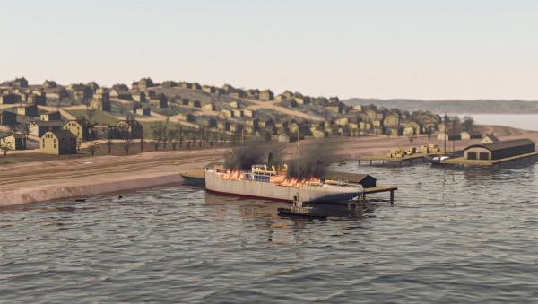 Bild 1 von 3: Zwei Schiffe stoßen im Hafen von Halifax zusammen, eines davon geht in Flammen auf. Der Brand verursacht eine verheerende Explosion.