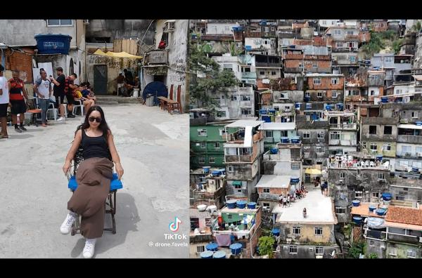 Bild 1 von 1: Eine Touristin wird in einer Favela in Rio von einer Drohne gefilmt: Solche Videos, die für die sozialen Medien konzipiert sind, befeuern die Debatte über Tourismus in den Favelas.