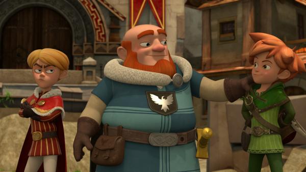 Bild 1 von 4: Lord Gutfred (M.) glaubt, dass er Robin (re.) voll und ganz vertrauen kann. Prinz John (li.) gefällt das nicht.