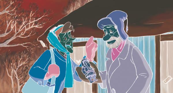 Bild 1 von 4: Signhild zeigt Pettersson, wie sie die Weihnachtsmannfigur geschnitzt haben möchte.