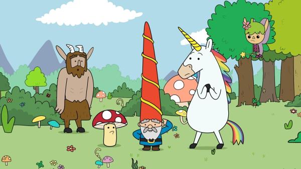 Bild 1 von 3: Da Herbert, der Gartenzwerg (Mitte), wegen seiner letzten nicht so erfolgreichen Erfindungen unglücklich war, haben ihn seine Freunde Hufius, Tupfen, Blümchen und Twinkle (von links) aufgemuntert. Sie haben entgegen ihrer Überzeugung behauptet, sein Kühlungshut sei genial.