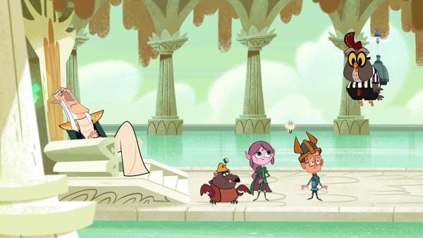 Bild 1 von 4: Der König der Elfen (l.) ist krank. Hugo erklärt Marcus, Ephi und Ratrick (von l.), was sie für seinen Heiltrank besorgen sollen.