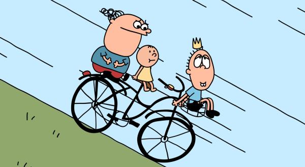 Bild 1 von 3: Trafalgar, Pulver und Oliver fahren mit dem Fahrrad schnell den Hügel hinunter.