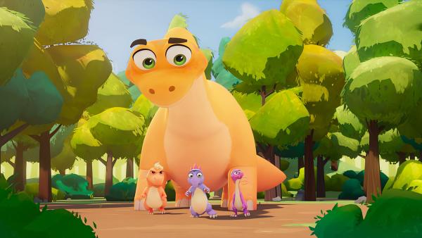 Bild 1 von 3: Brontosaurus Flo, Trina, Doris und Socke brauchen ein neues Versteck.© KiKA/MACK Magic/Der Kinderkanal von ARD und ZDF, 2025- Honorarfreie Verwendung gemäß AGB im redaktionellen Zusammenhang mit genannter Sendung bei Nennung \