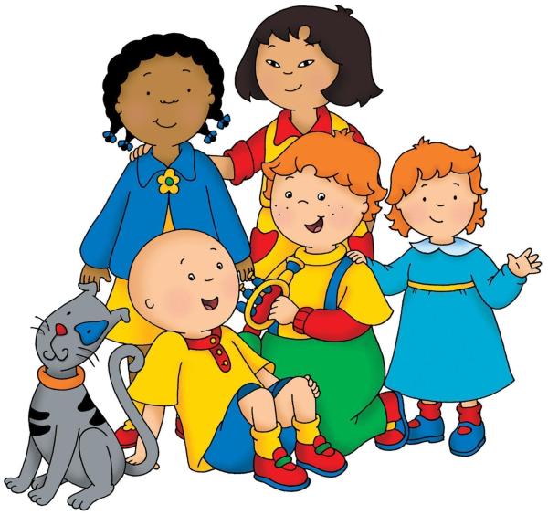 Bild 1 von 9: Caillou (u. li.) mit seinen Freunden (v. li. n. re.) Clementine, Sarah, Leo und Rosie sowie seinem Kater Gilbert.