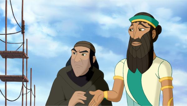 Bild 1 von 5: Hreel (li.) versucht am Fuße des Turms den König zu Babel von der Fertigstellung des Turms zu überzeugen.