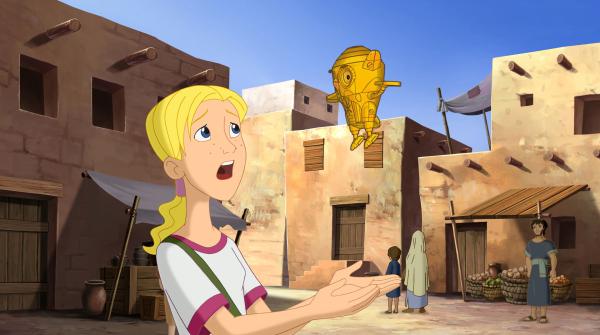 Bild 1 von 5: Cora und der Cubus Temporis. Das ist der Name der goldenen Zeitmaschine, mit der Cora und ihre Freunde durch das Alte und Neue Testament reisen können. Immer wenn sie in einer neuen Geschichte ankommen, verwandelt sich der Würfel in die Eule C.T., die über die Bibelgeschichten bestens informiert ist.