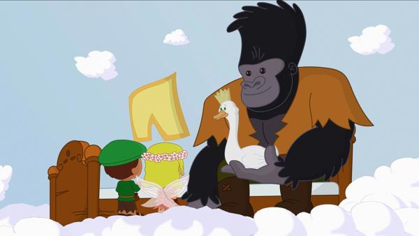 Bild 1 von 6: Zoé, Finn und QuackQuack bringen dem Gorilla ein neues und vor allem größeres Bett.