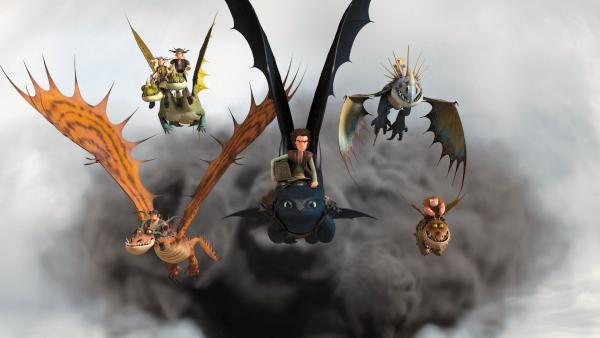 Bild 1 von 1: (V.li.) Rotzbakke und sein Drache Hakenzahn, die Zwillinge Taffnuss und Raffnuss und ihre Drachen Kotz und Würg, Hicks und sein Drache Ohnezahn, Astrid und ihre Drachendame Sturmpfeil und Fischbein mit seinem Drachen Fleischklops erleben gemeinsam jede Menge Abenteuer.