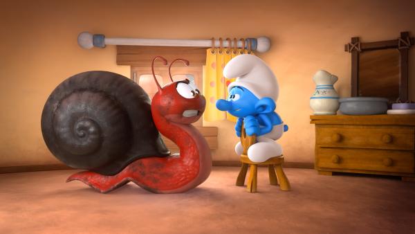 Bild 1 von 1: Gargamel will als Schnecke ins Dorf der Schlümpfe gelangen. Leider kann er sich dort nicht zurückverwandeln. Er muss Dummi dazu bewegen, ihm zu helfen.