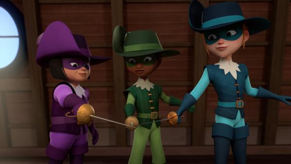 Bild 1 von 6: Die drei Musketiere Porthos (l.), Aramis (M.) und Athos (r.) kreuzen die Klingen ihrer Degen als Zeichen ihres Zusammenhalts. In ihrem Doppelleben bei Hofe heißen sie Isa (l.), Inès (M.) und Olivia (r.).