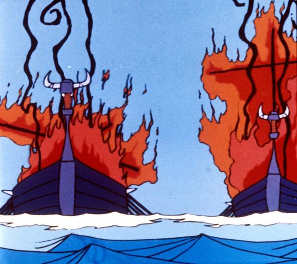 Bild 1 von 5: Im Bild: Die Segel der Drachenschiffe, durchbohrt von brennenden Pfeilen, gehen in Flammen auf.