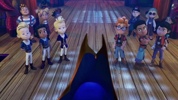 Bild 1 von 3: Käpt'n Flint teilt den enttäuschten Schülern der Pirate Academy mit, dass zur  Horrorshow-Aufführung in der Bibliothek nur die Erwachsenen Zutritt haben.© ZDF/Method Animation/Mediawan kids & family - Honorarfreie Verwendung gemäß AGB im redaktionellen Zusammenhang mit genannter Sendung bei Nennung \