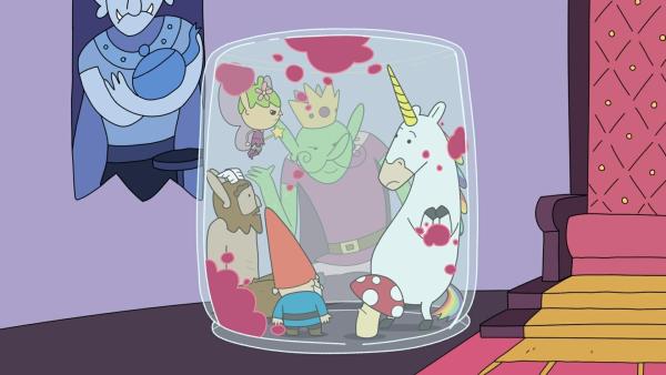 Bild 1 von 2: Koboldkönig (hinten) ist es gelungen, die Helden Hufius, Twinkle, Herbert, Tupfen und Blümchen (von links nach rechts) einzusperren.