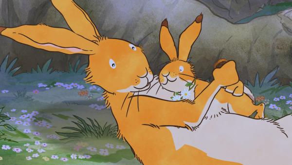 Bild 1 von 6: Großer brauner Hase und kleiner brauner Hase freuen sich zusammen.© KiKA/SLR Productions Australia Pty.Ltd./Scrawl Studios Pte Ltd./hr/ARD - Honorarfreie Verwendung gemäß AGB im redaktionellen Zusammenhang mit genannter Sendung bei Nennung \