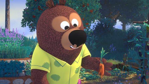 Bild 1 von 1: Baldur erntet leckere Karotten.© hr/MIAM! Animation - Honorarfreie Verwendung gemäß AGB im engen inhaltlichen redaktionellen Zusammenhang mit genannter Sendung bei Nennung \