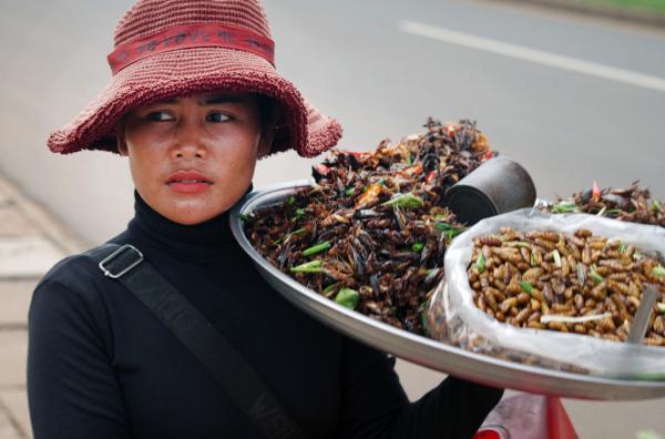 Bild 1 von 4: Yeun Phea arbeitet auf dem Insektenmarkt in Skun bereits seit knapp 20 Jahren als Verkäuferin.