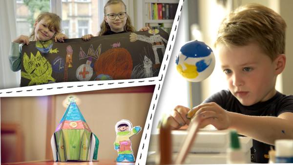 Bild 1 von 2: Bei ENE MENE BU basteln wir Planeten und ein Raumschiff und malen das Weltall.