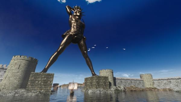 Bild 1 von 4: Digitale Rekonstruktion des Koloss. Die Statue ragt über der Hafeneinfahrt der Stadt Rhodos.